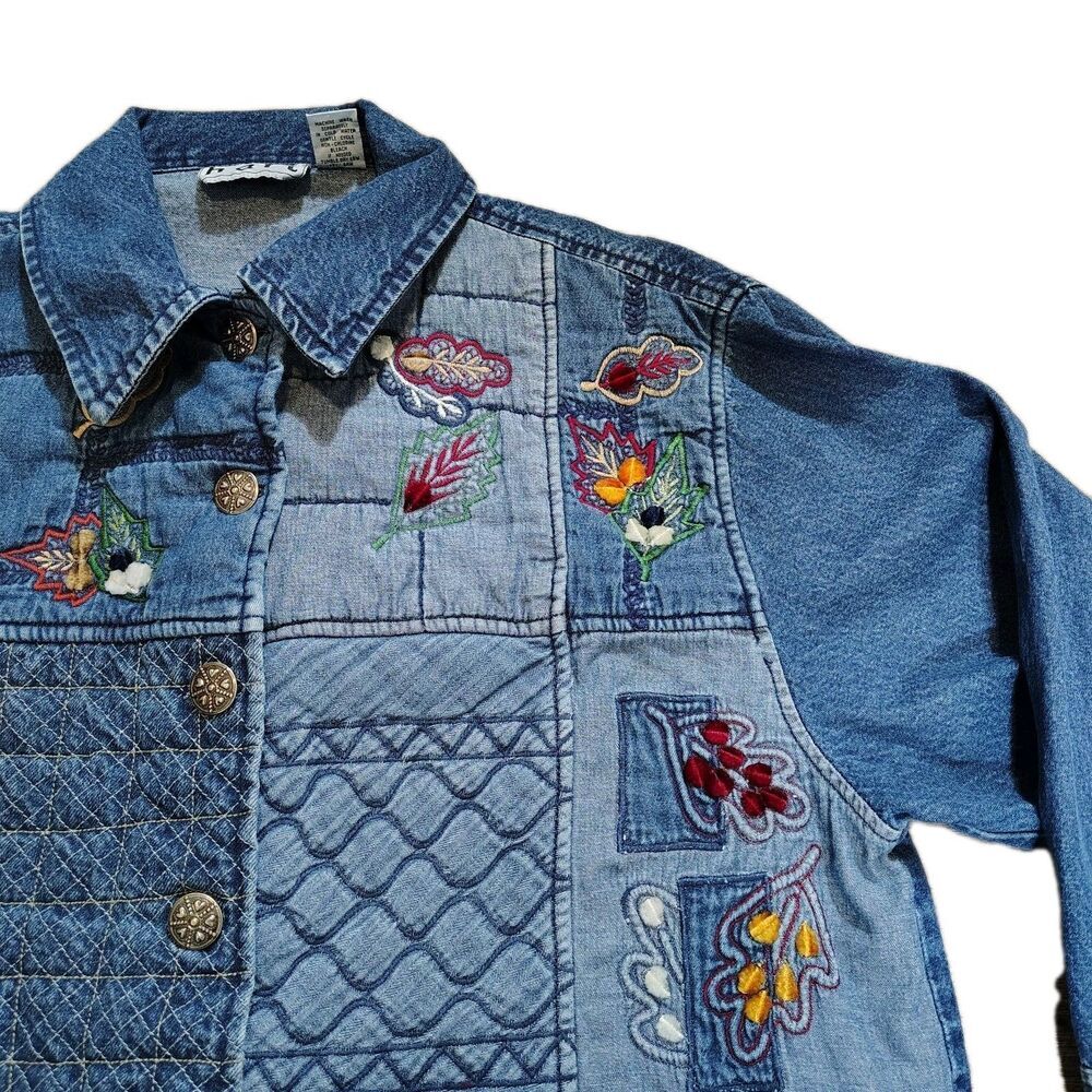 Keren Hart Womens 90s Patchwork Denim Jacket Size XL Embroidered Boho Cottage - Picture 3 of 11